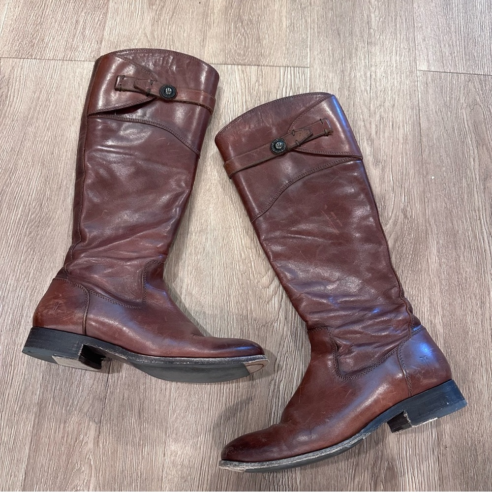 Frye chestnut Brown Leather Tall Riding Boots zipper thick leather